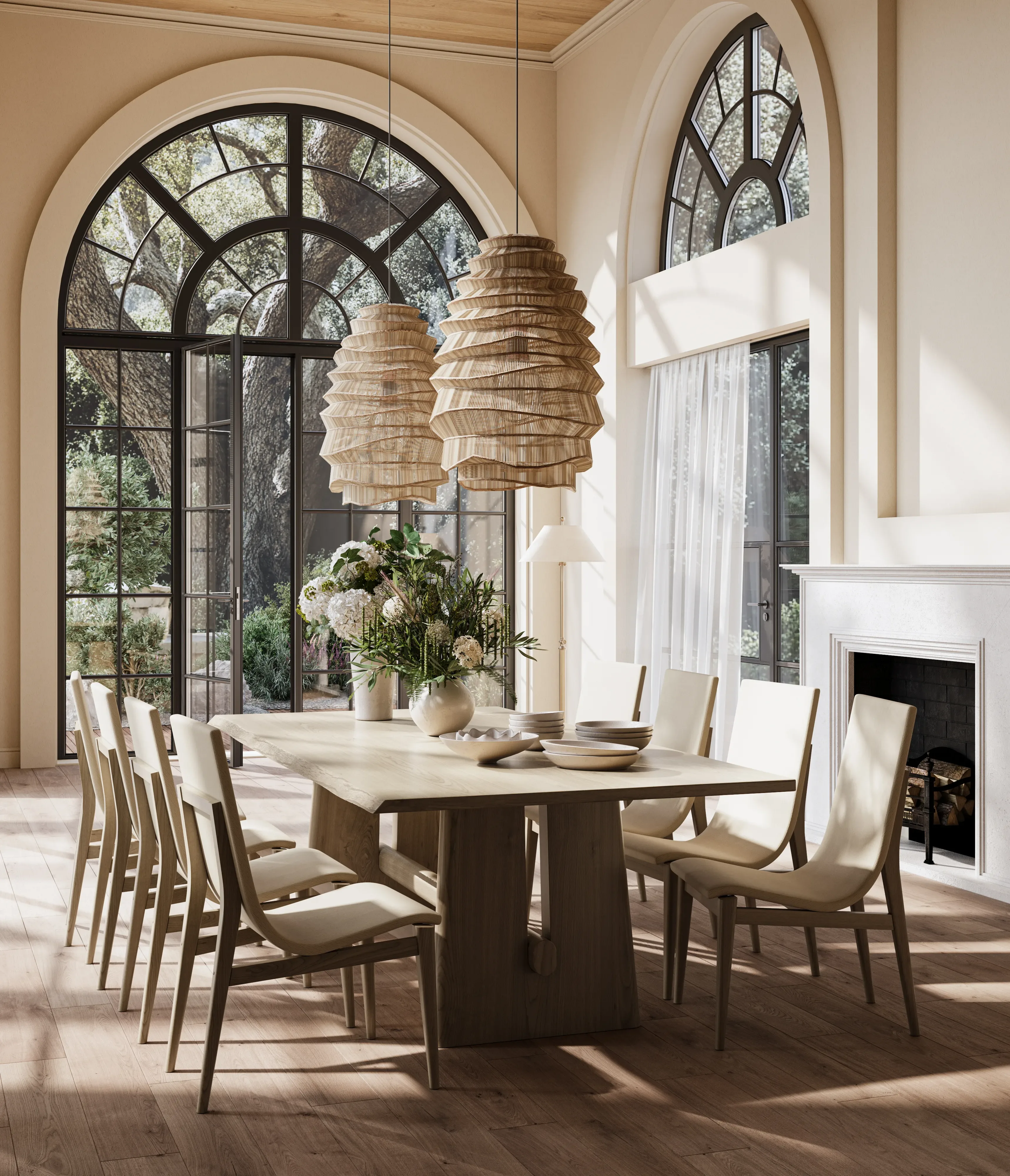 Interior rendering of a luxury dining room with arched windows in a custom home in Midtown Toronto