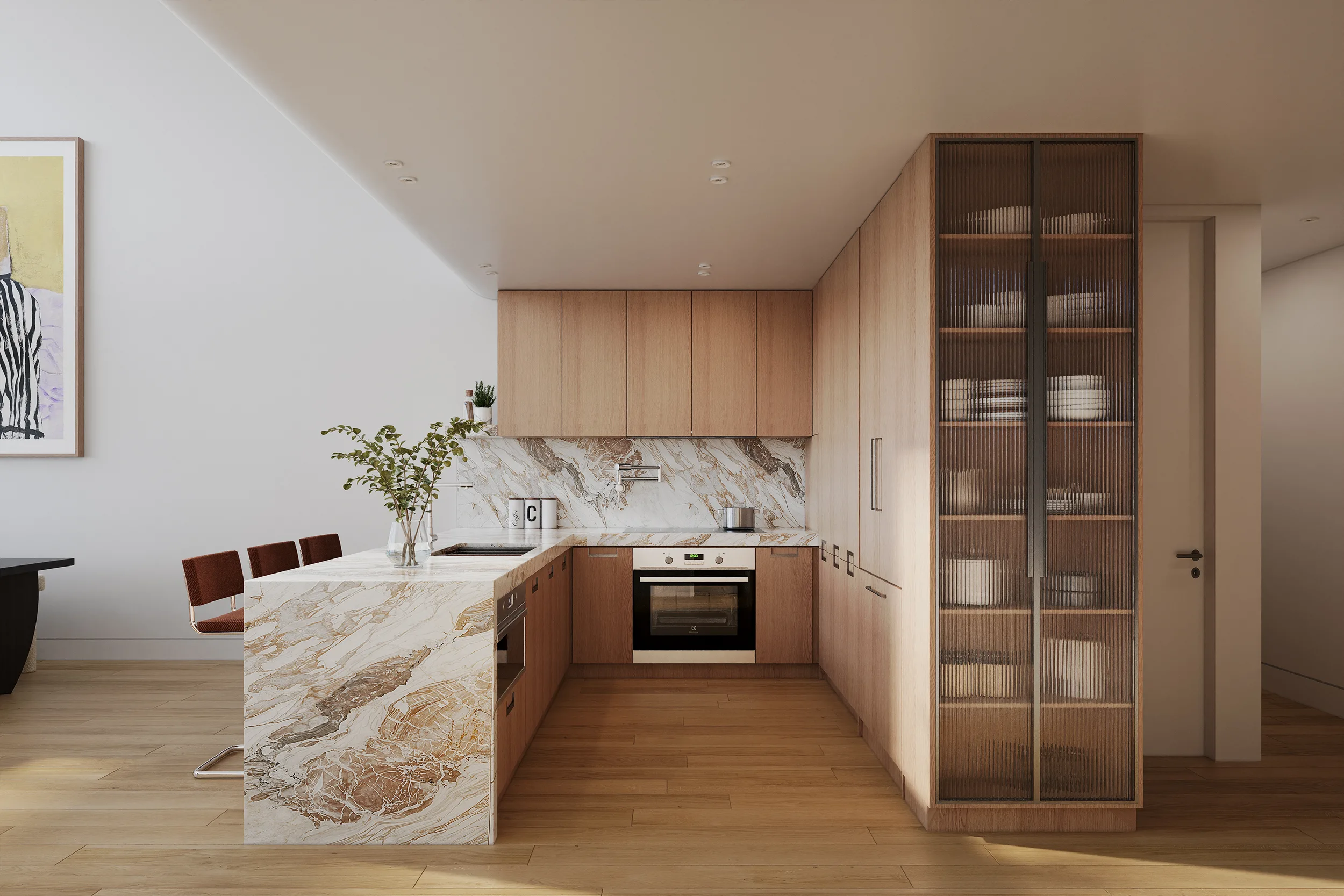 Modern kitchen with marble island and wood cabinetry in an interior rendering of a NYC apartment in Lower Manhattan