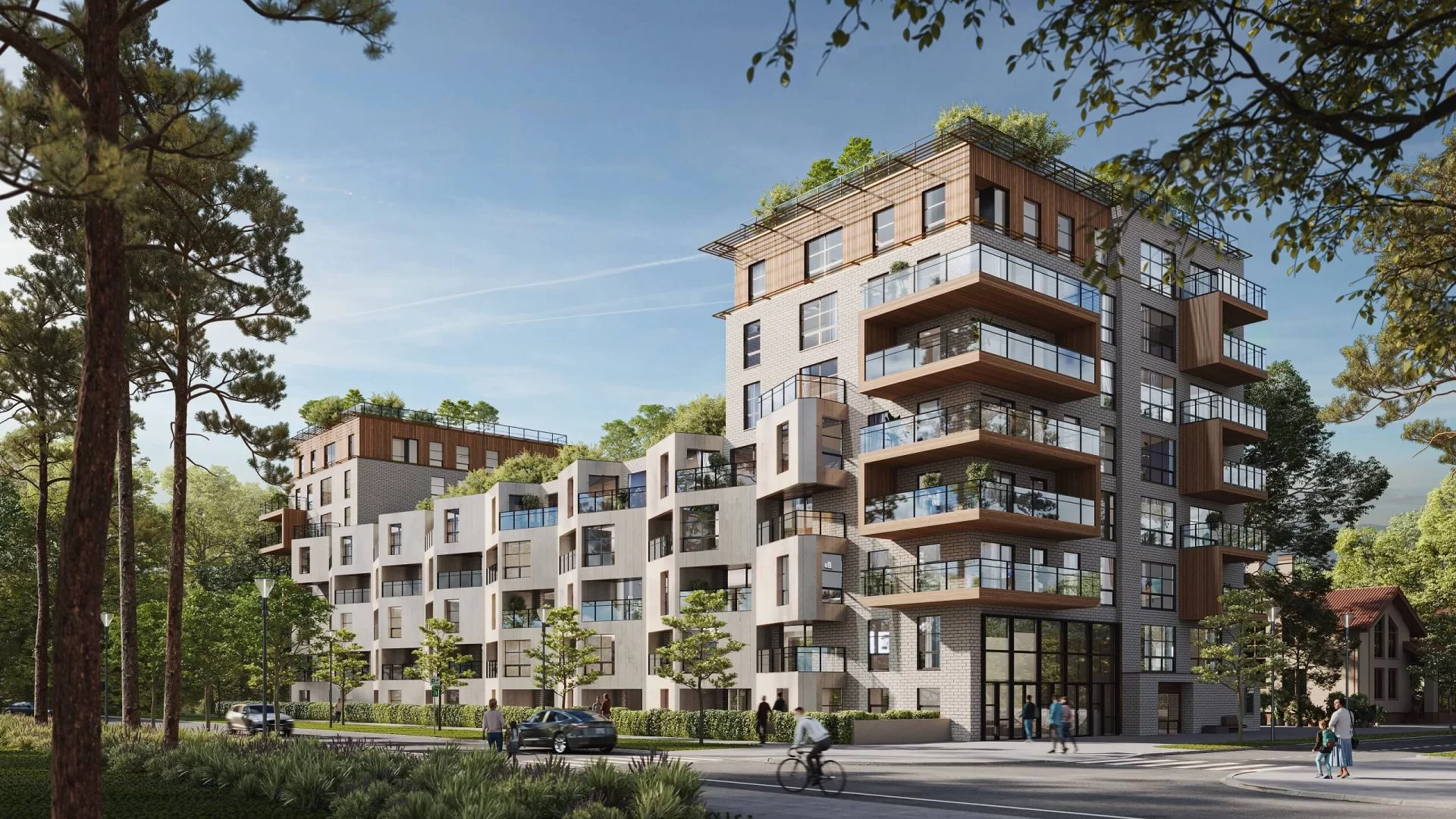 Exterior 3D rendering of a mixed-use residential complex for Boston architectural visualization