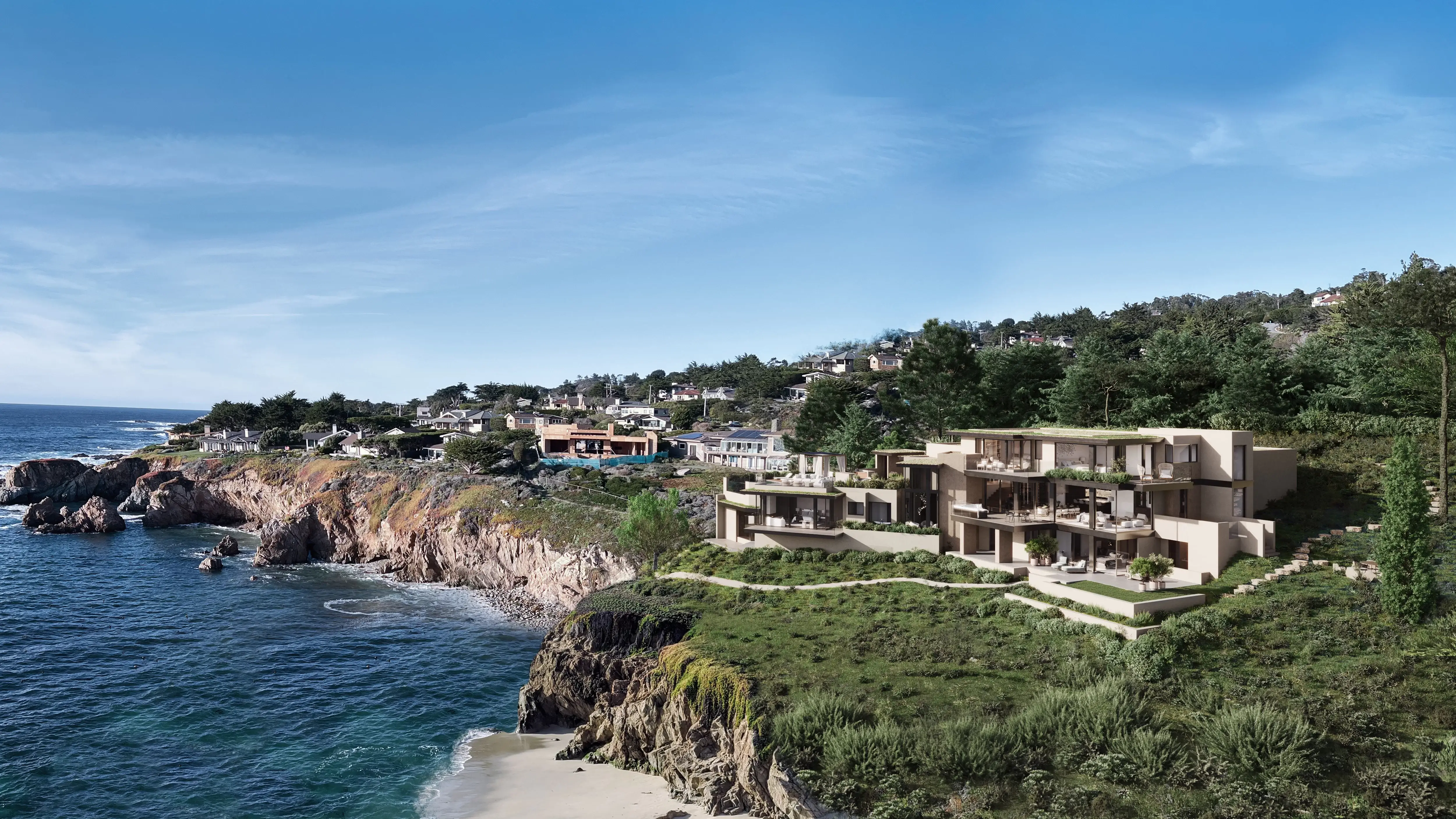 Photorealistic 3D rendering of a multi-level cliffside villa overlooking the ocean — an example of CGI quality