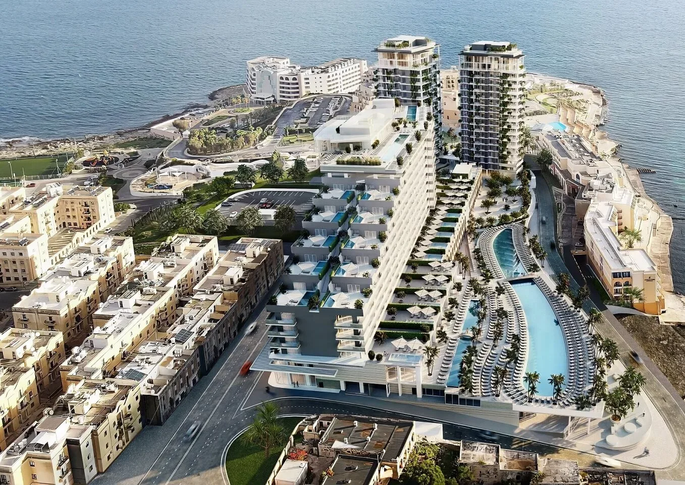 3D visualization of a coastal resort complex with tiered pools, beachfront towers and Mediterranean townhouses