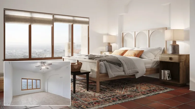 Virtual staging before and after for a Boston residential listing — broker-ready bedroom visualization