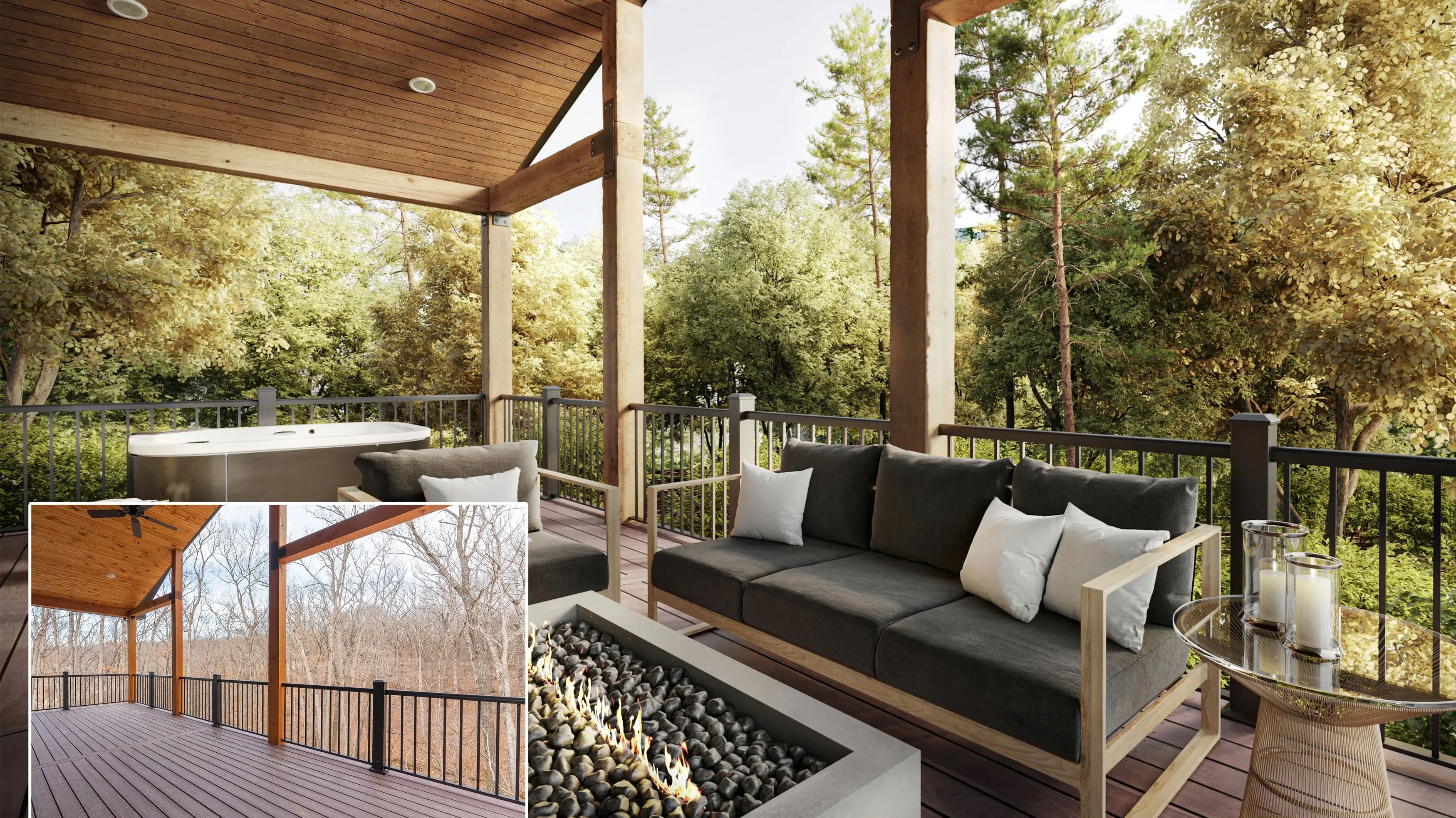 A 3D rendering for a Vancouver project showing a restaurant with a sofa, fire pit, and trees beyond