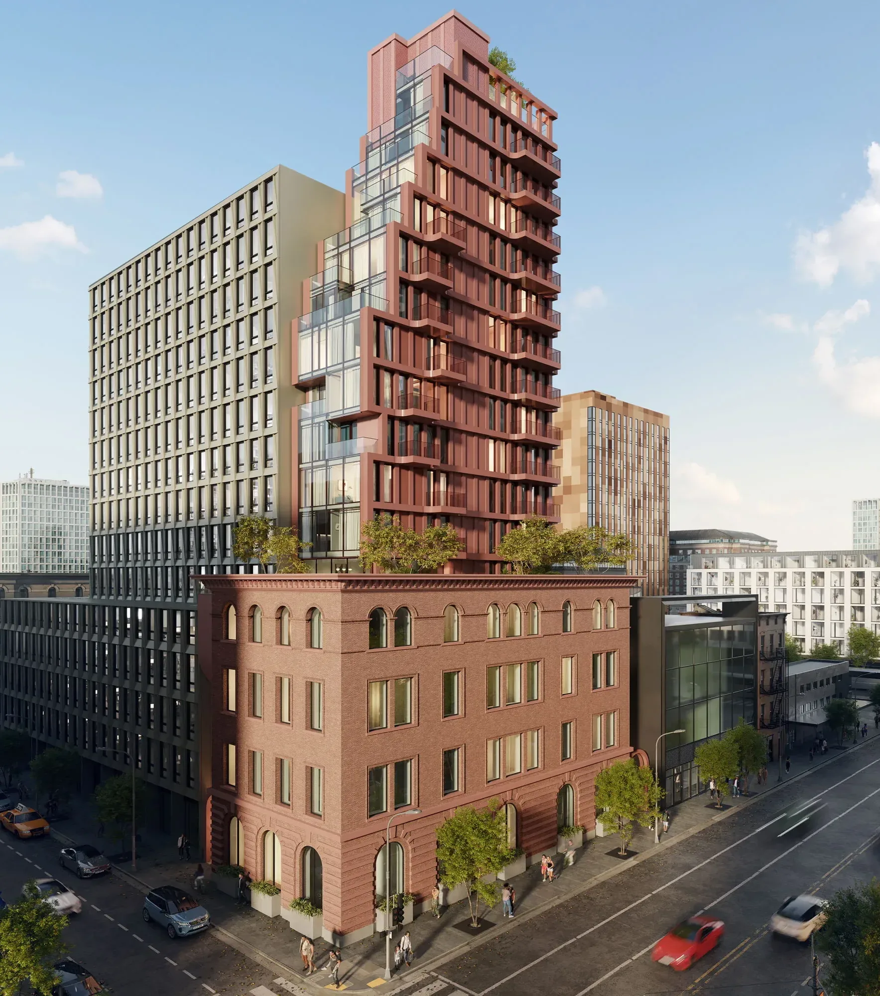 3D rendering of a residential tower above a historic brick building at Broome Street, Manhattan