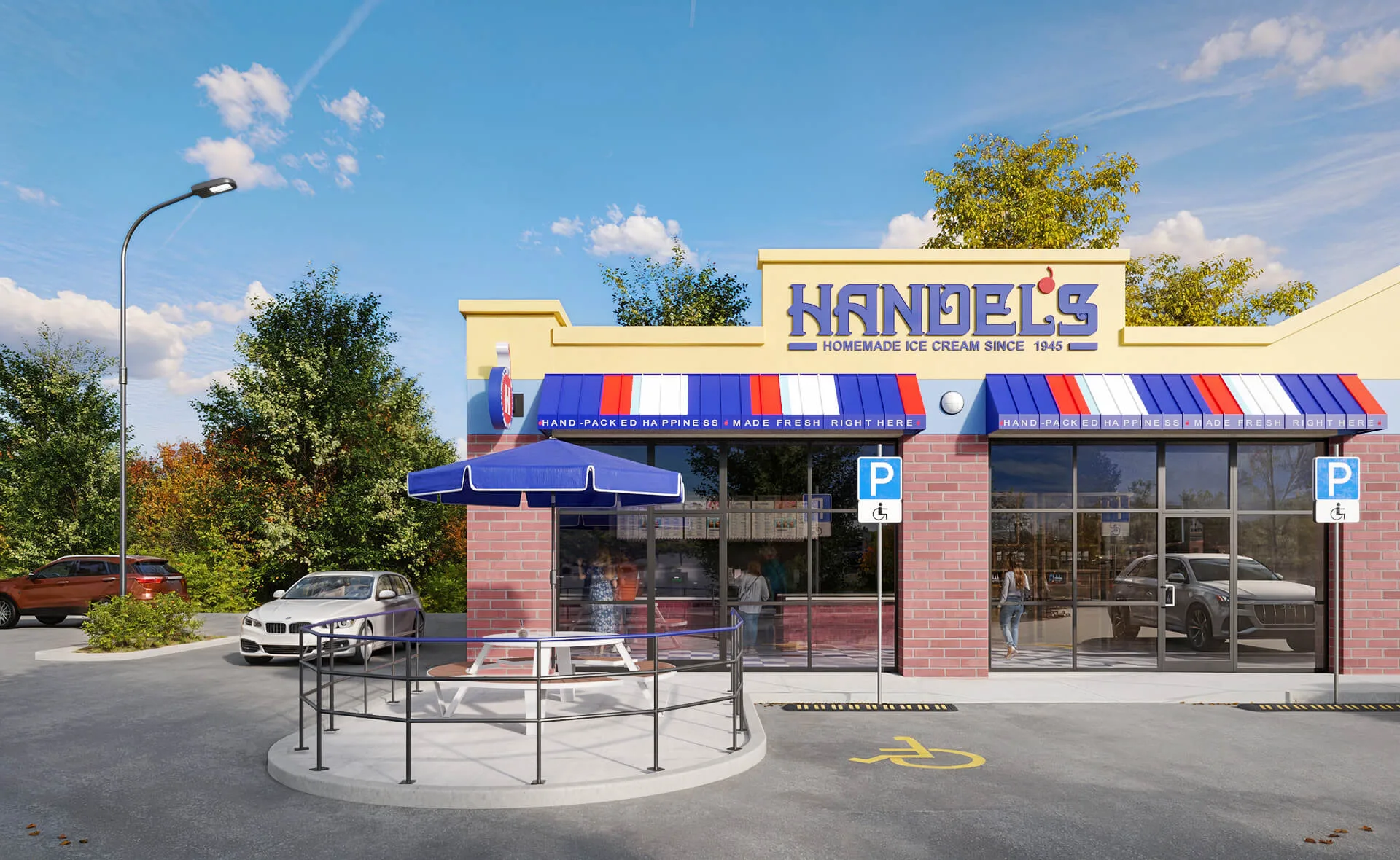 Ice cream shop exterior 3D render — Handel's Prescott, Arizona with red brick facade, striped awning, and outdoor patio