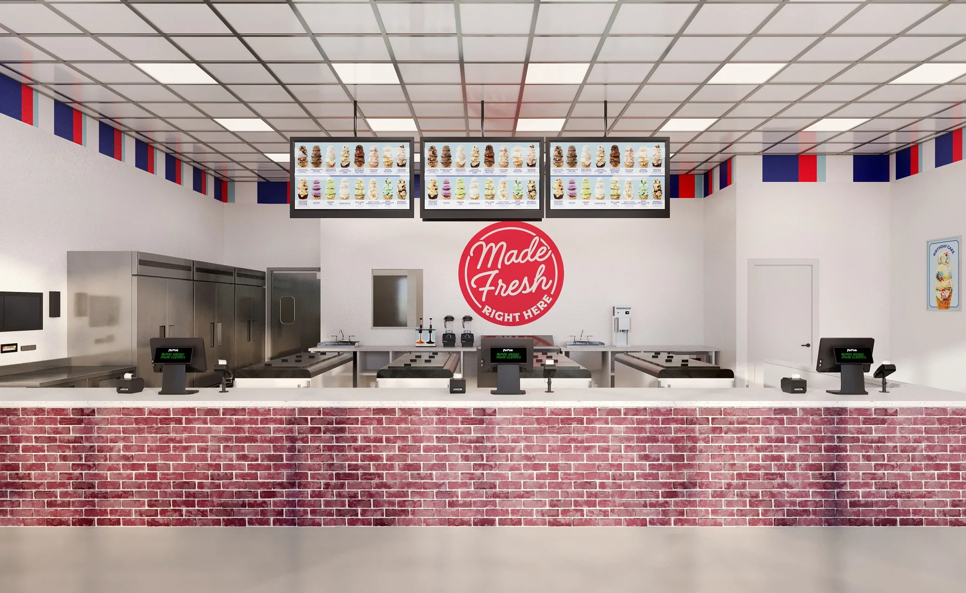 Ice cream shop interior 3D rendering — Handel's service counter with brick face, overhead menu boards, and Made Fresh Right Here decal