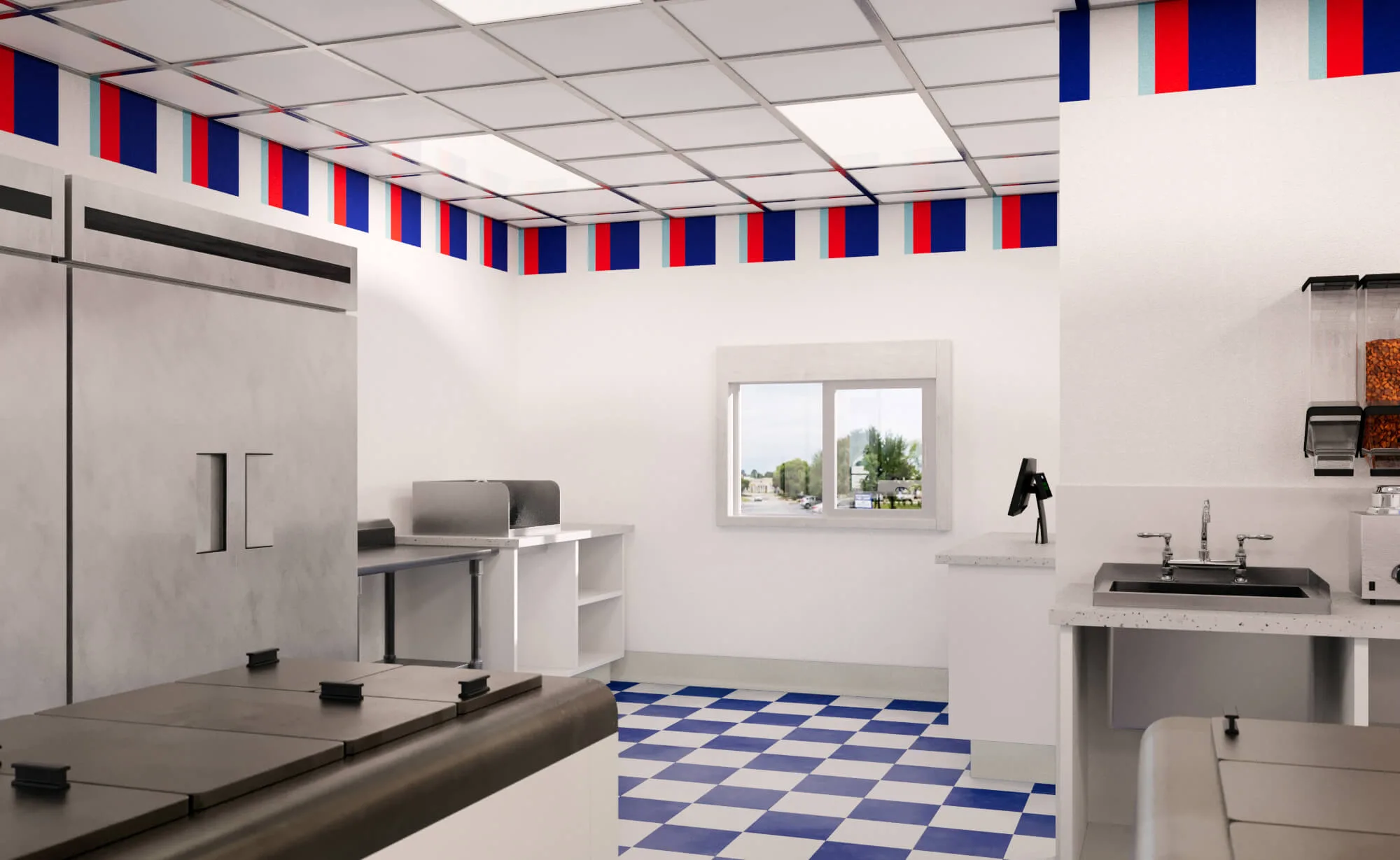 Ice cream shop kitchen layout 3D rendering — Handel's Fayetteville back-of-house with commercial freezer, prep station, and drive-thru window