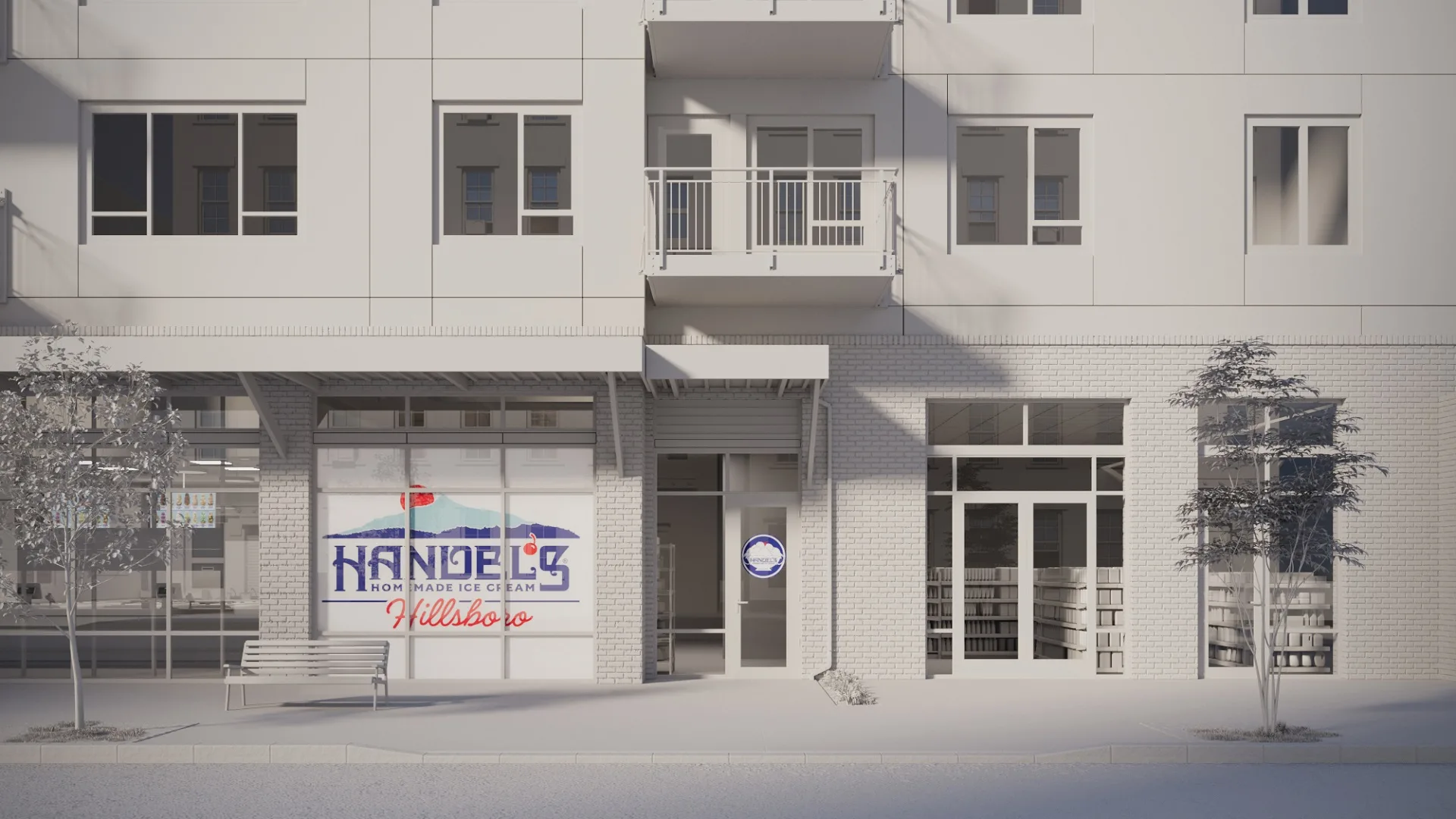 Ice cream store clay render — Handel's Hillsboro, Oregon exterior in pre-material geometry stage