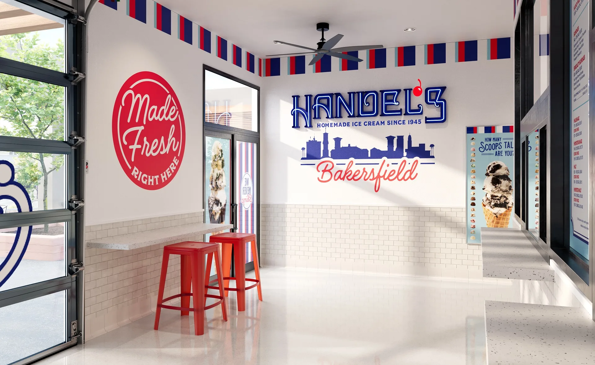 Ice cream store interior CGI — Handel's Bakersfield, California with city skyline wall decal, subway tile, and red stools
