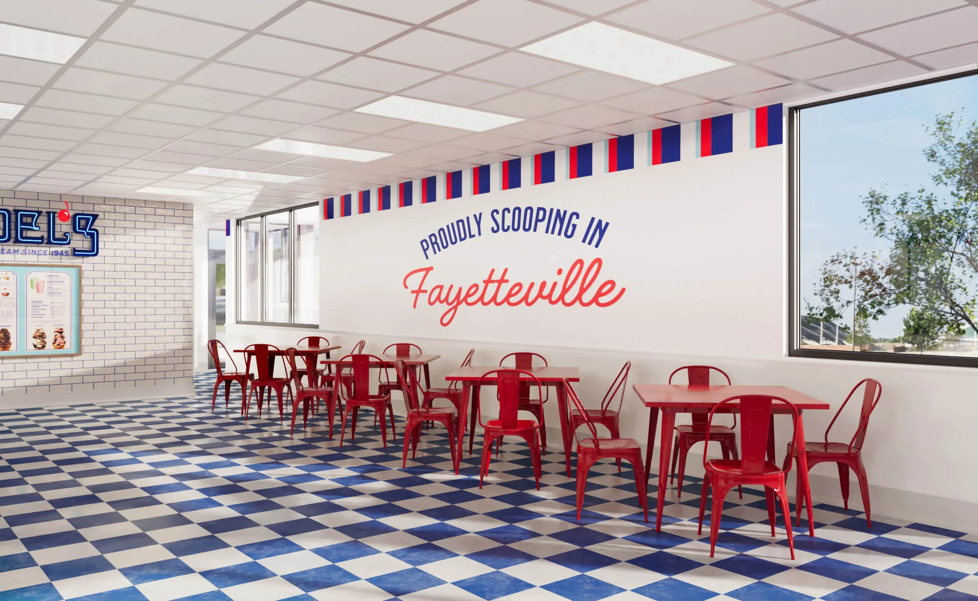 Ice cream store interior CGI — Handel's Fayetteville dining area with red metal tables and Proudly Scooping In wall decal