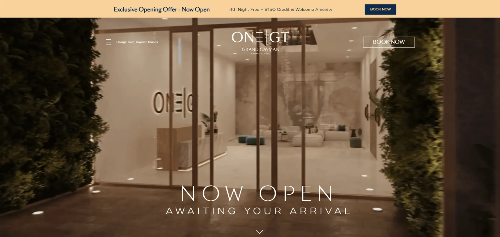 One GT Hotel 3D visualization displayed in a homepage hero section announcing the hotel opening