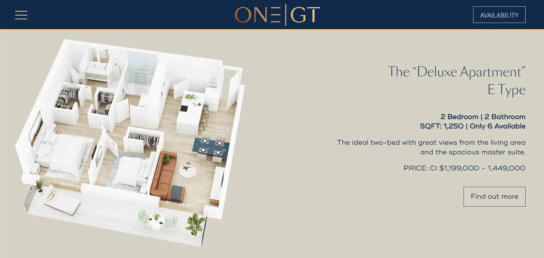 One GT Hotel 3D visualization presenting a furnished apartment floor plan on the accommodation website