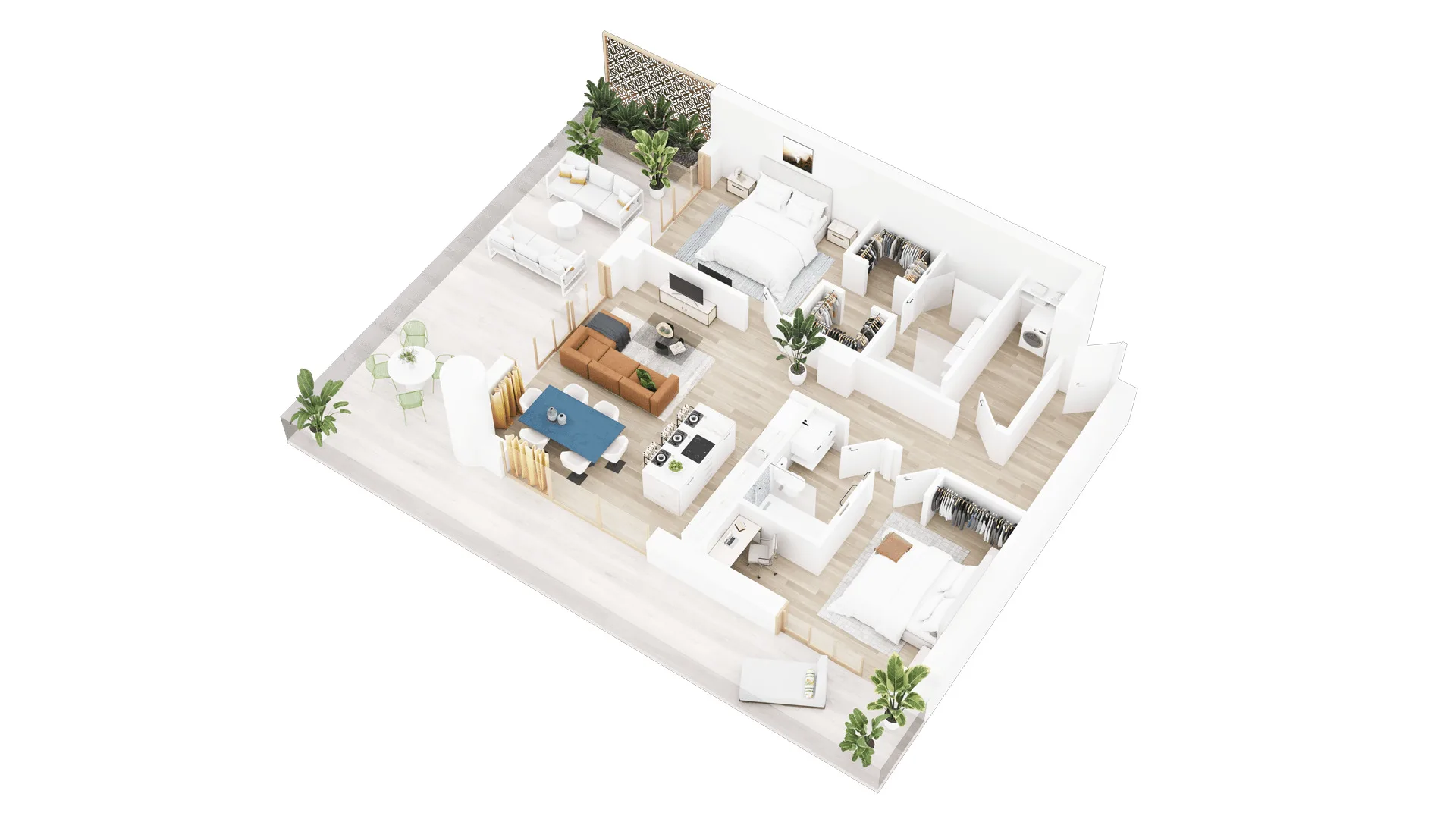 3D Floor Plan Rendering of a luxury hotel suite with multiple bedrooms, terrace seating, and open kitchen