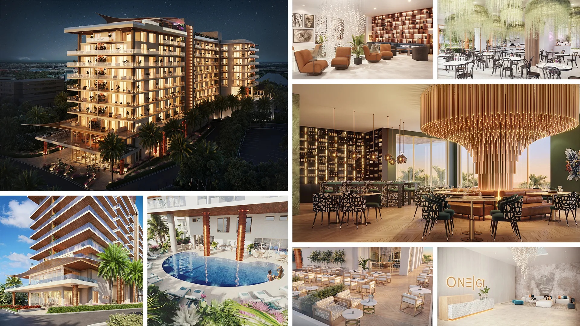 Hotel 3D Rendering collage showcasing hotel architecture, interiors, dining spaces, and resort amenities