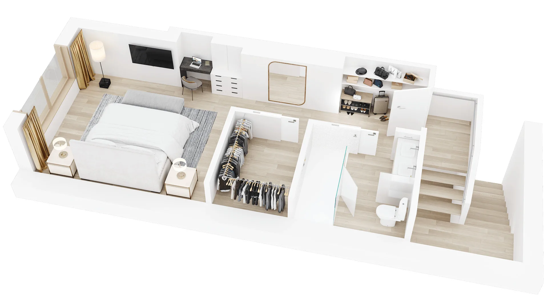 3D Floor Plan Visualization of a spacious hotel bedroom suite with walk in wardrobe and bathroom