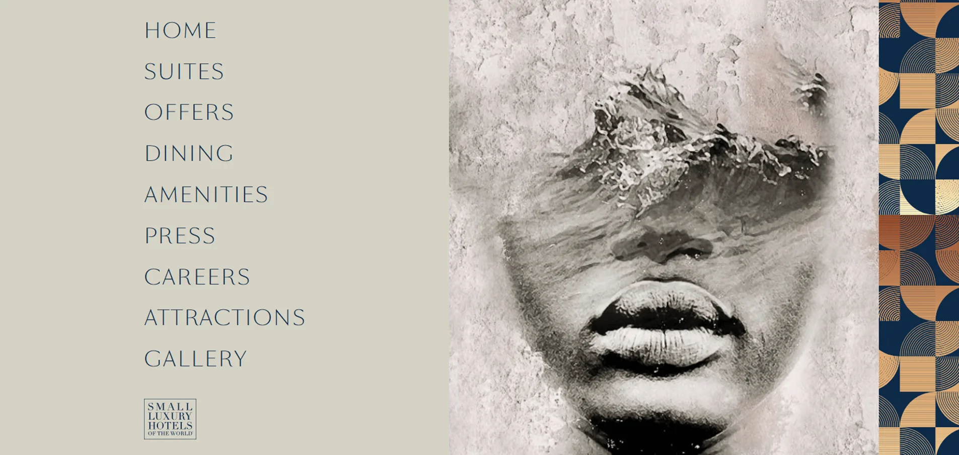 The One GT Hotel site menu shows a monochrome face artwork render beside navigation links