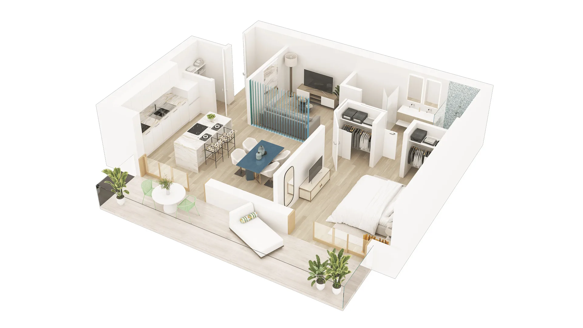 3D Floor Plan Visualization of a modern hotel suite with dining area, bedroom, and private outdoor space
