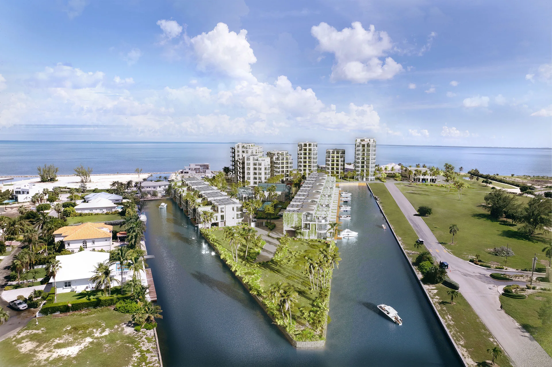 Canalfront hotel townhouses extend toward the Caribbean shoreline with private docks shown in a 3D visualization