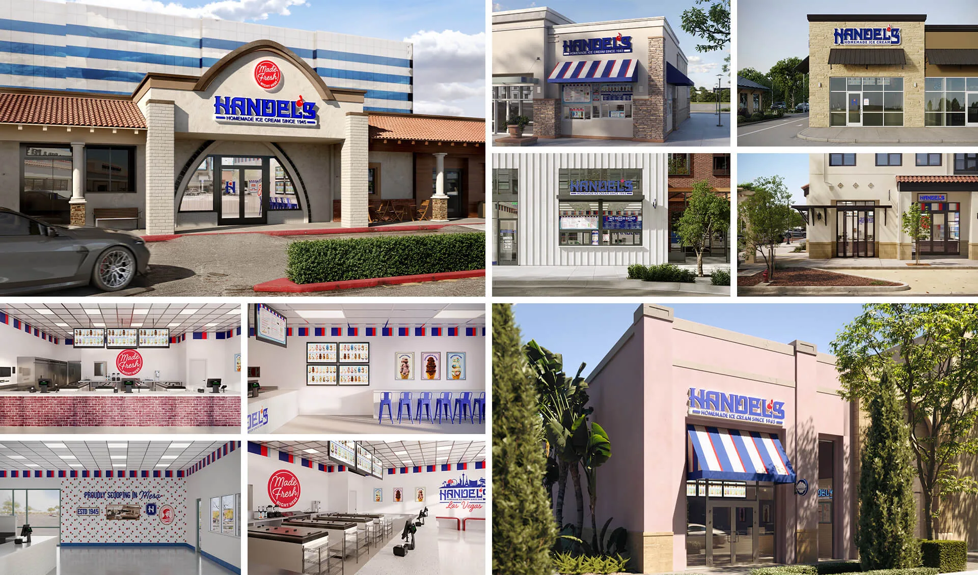 Ice cream shop 3D rendering projects — Handel's multi-location exterior and interior CGI results across U.S. franchise locations