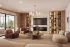 Architectural 3D visualization of a warm-toned living room with tufted lounge chairs, marble fireplace wall, built-in oak bookshelves, brass chandelier, and garden view