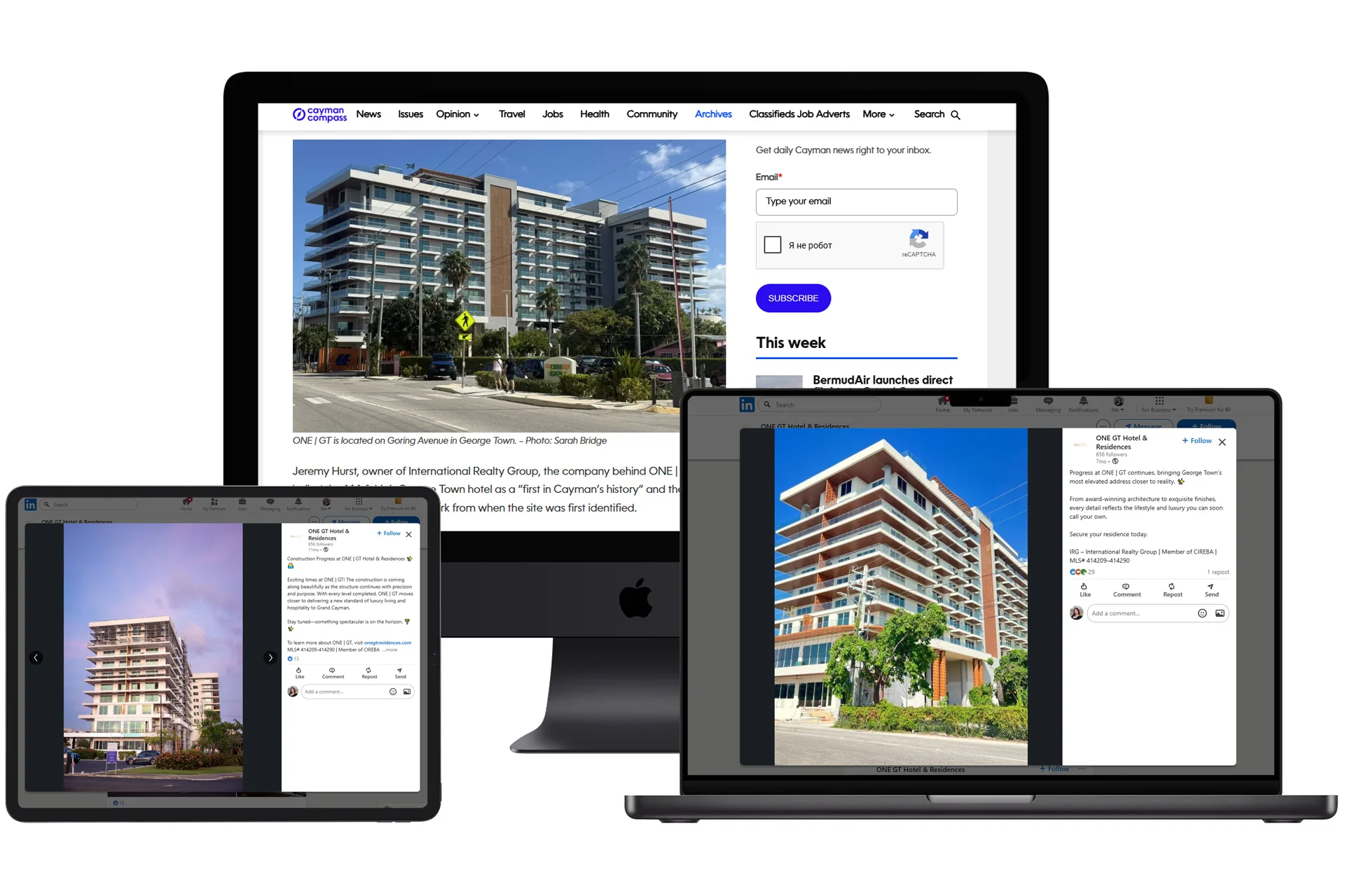 Press and social media publications showing hospitality architectural rendering company work for a hotel project