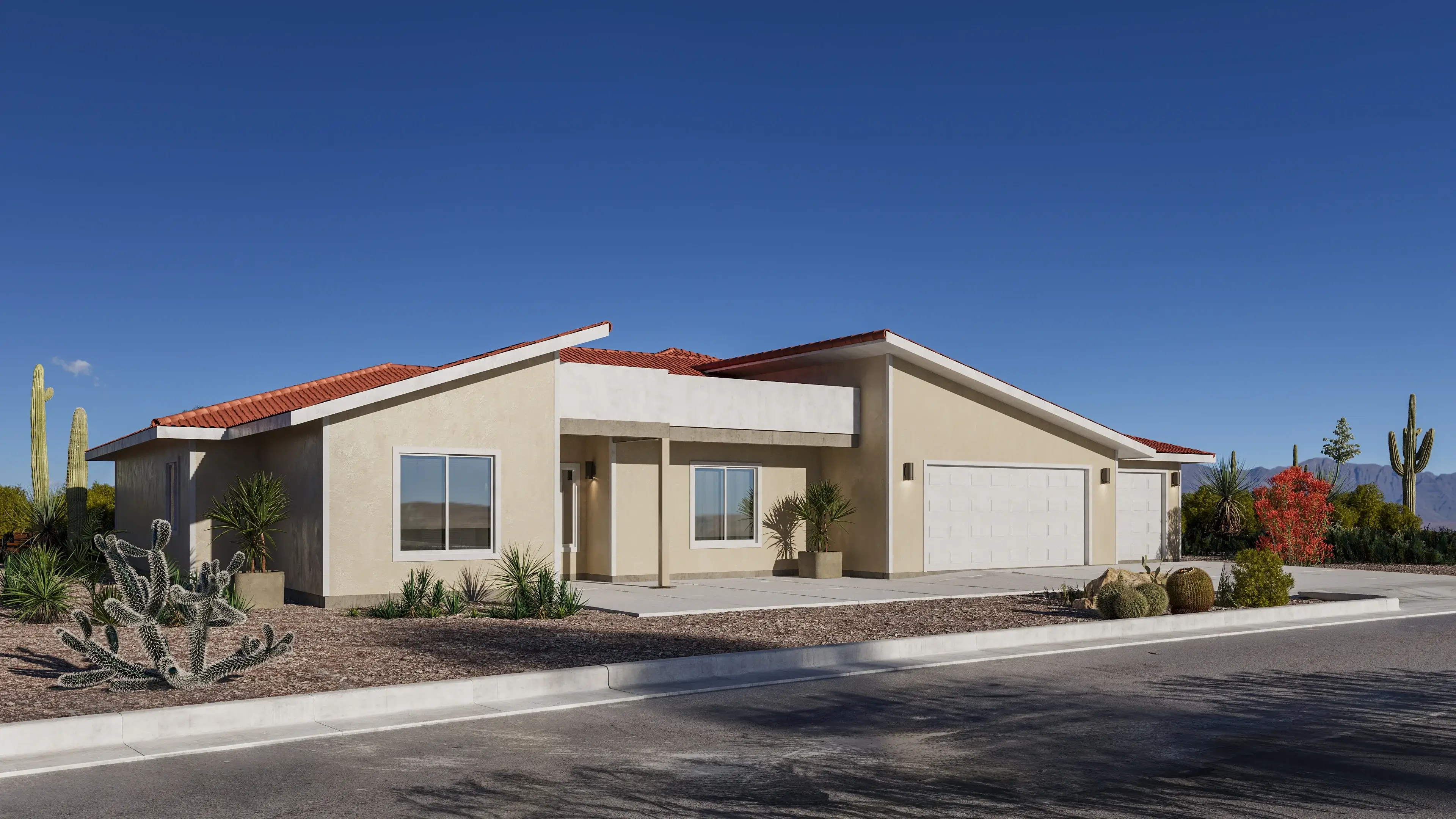 Prefab home rendering of a single-story desert house with stucco walls and xeriscape landscaping