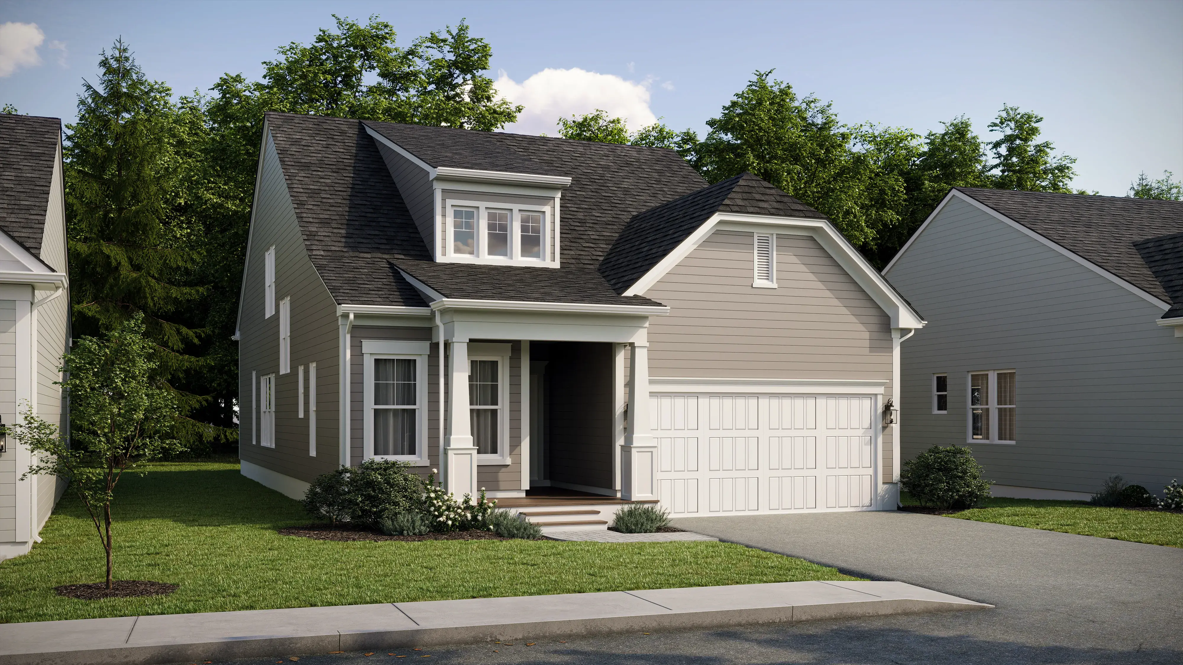 3D rendering of a traditional-style prefab home with garage in a suburban neighborhood