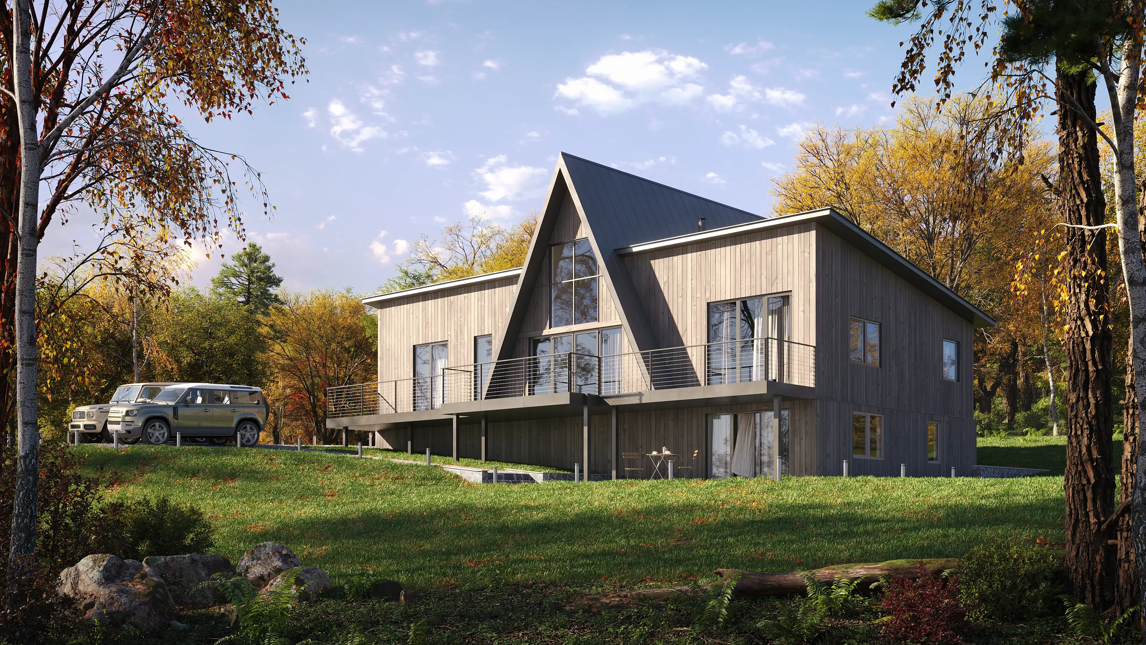 3D visualization used to sell prefab homes before built — modern A-frame cabin in autumn forest