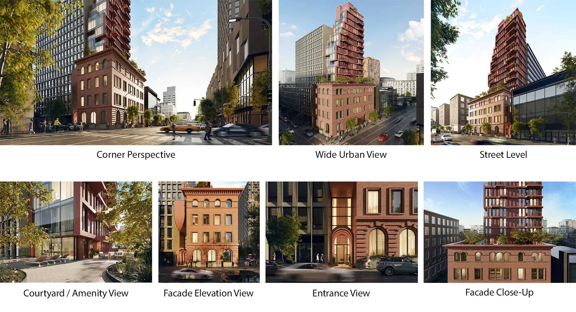 Multiple streetscape rendering views showcase the mixed use development from street level, corner, facade, and courtyard perspectives