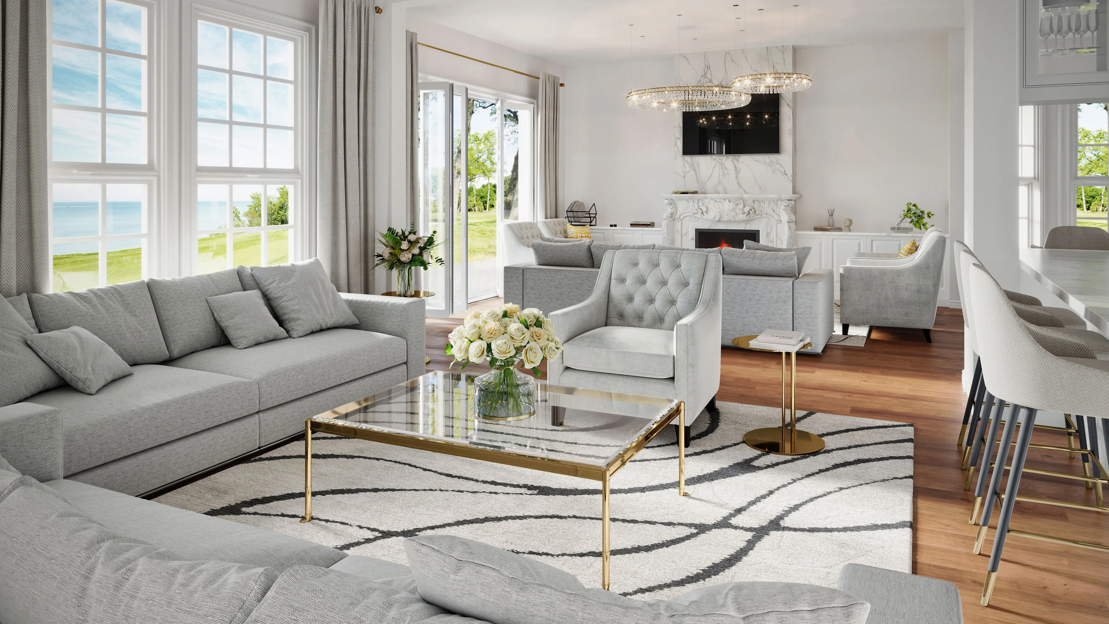 3D visualization of a bright open plan living room with ocean views in a Huntington luxury residence