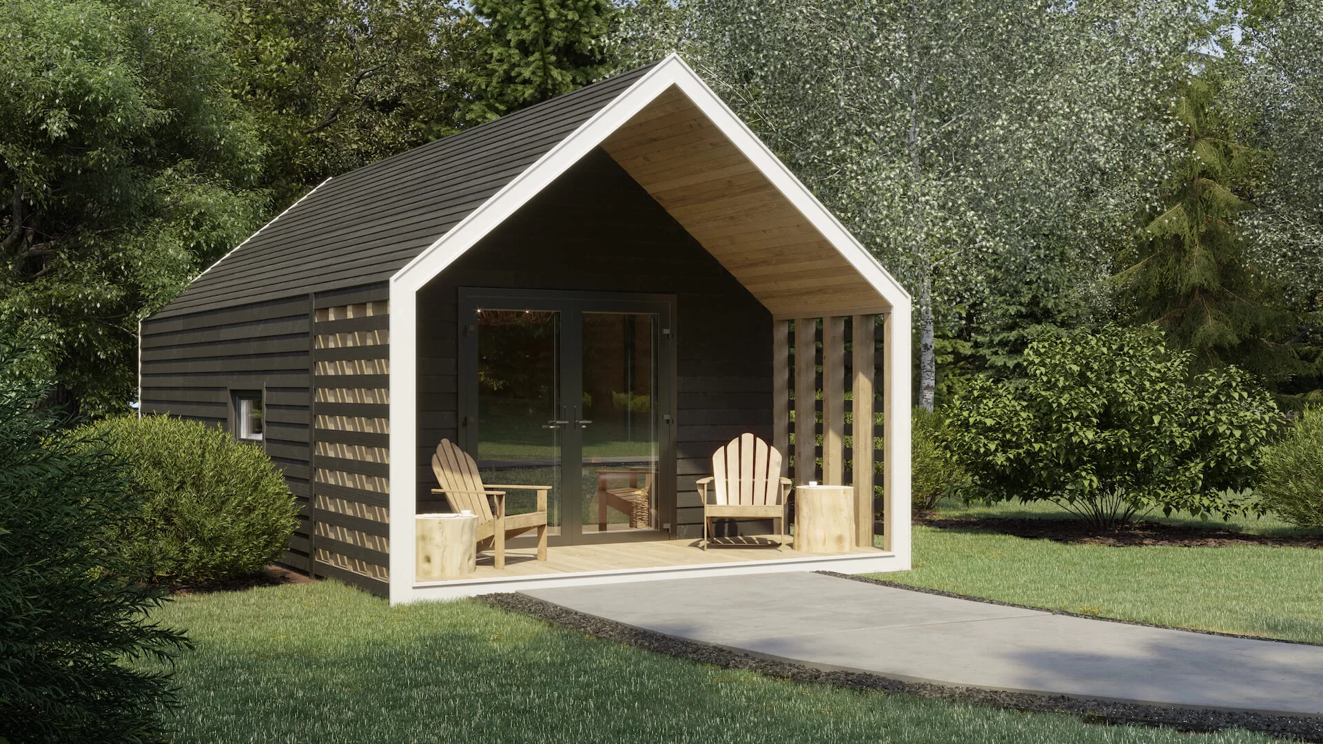 3D rendering of a dark wood modular tiny home with gable roof and open porch in a garden setting