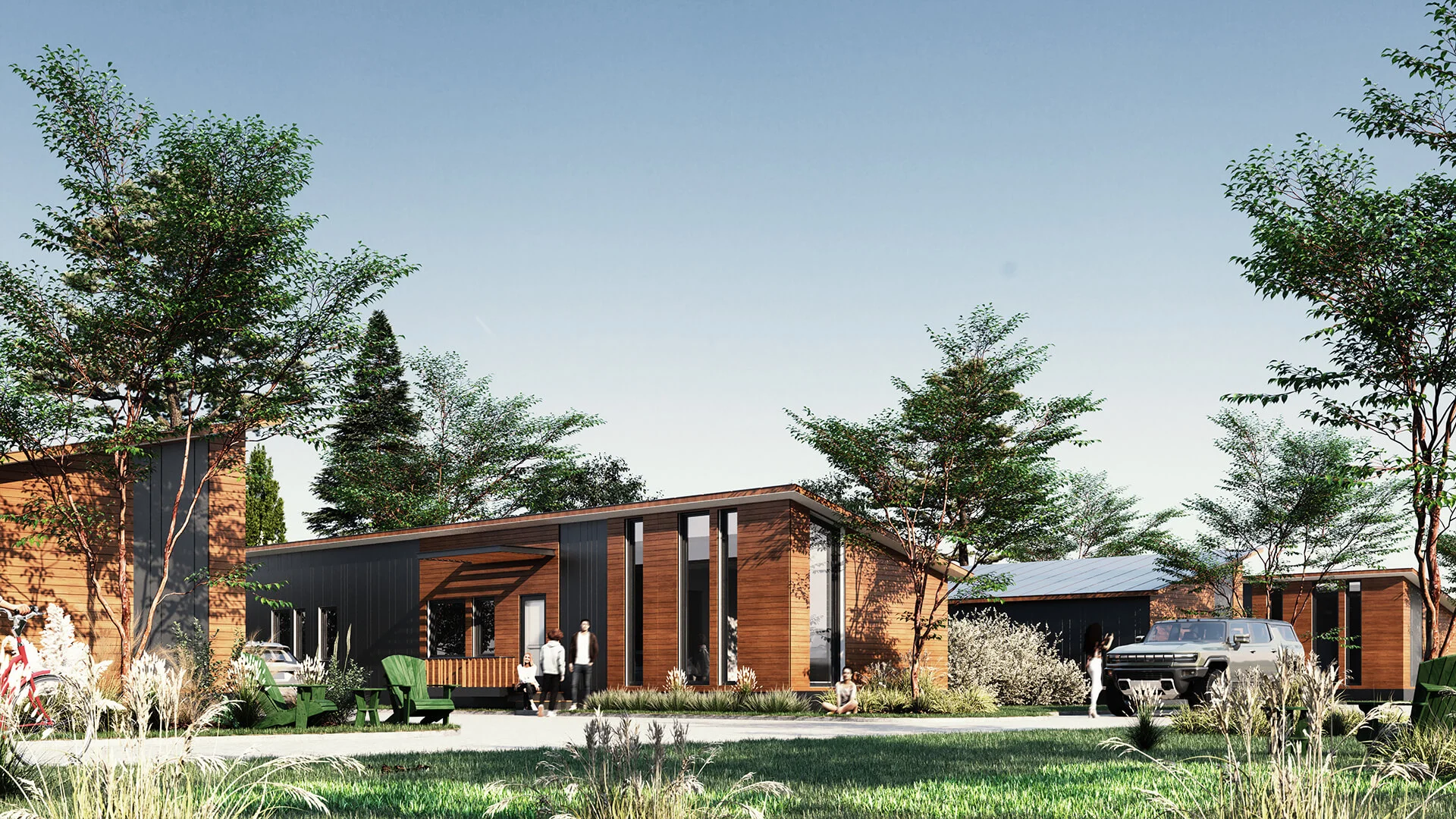 Real estate 3D rendering of a modular housing community with warm wood cladding and lifestyle figures