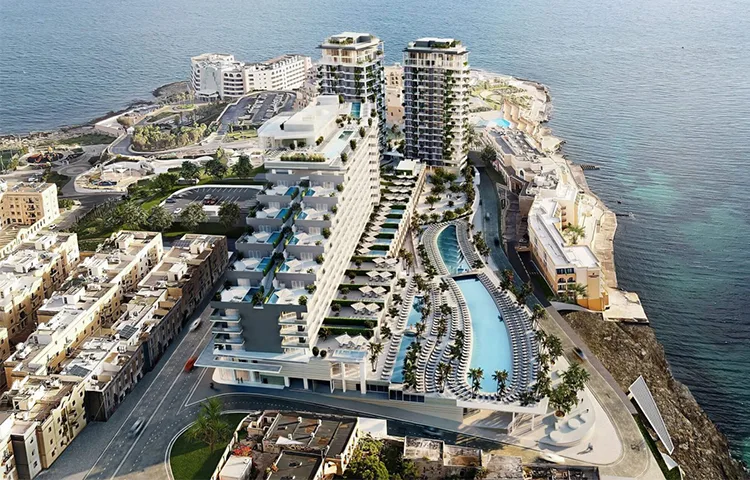 A large seafront resort complex with pools, hotel blocks, and waterfront views shown in an architectural 3D visualization