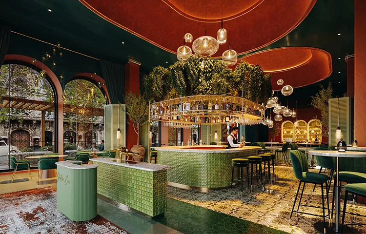 A dramatic bar interior with green seating, gold lighting, and lush plants shown in an architectural rendering